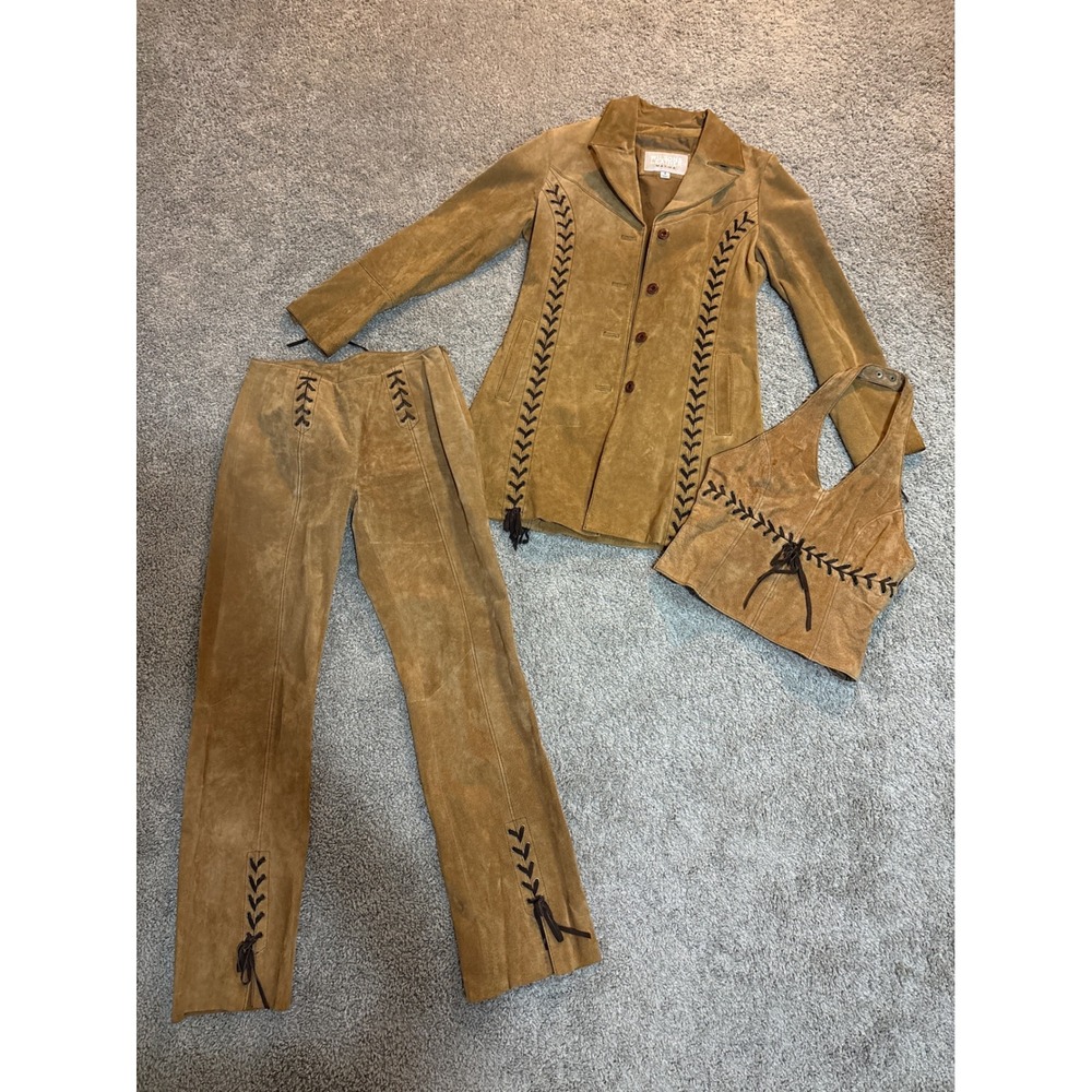 Wilsons Leather Maxima Suede 3 Piece Set Jacket Halter Top Pants Tan Brown S